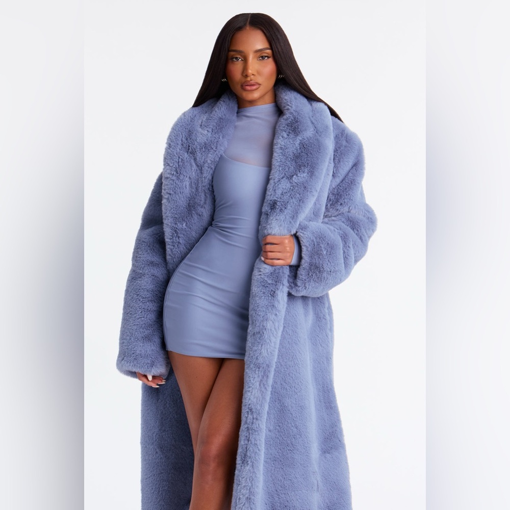 NWT Women's Plush Faux Fur Coat - Blue L